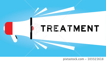 Color megaphone icon with word treatment in white banner on blue background 103321618