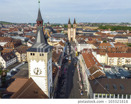 Wurzburg Historical Center Aerial Drone Photo. Old Main Bridge, Wurzburg Cathedral, Marktplatz and walking People Wurzburg Historical Center Aerial Drone Photo. Old Main Bridge, Wurzburg Cathedral, Marktplatz and walking People 103321818