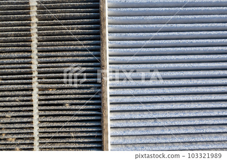 Side-by-side comparison of a dirty and clean automotive cabin filter 103321989