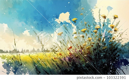 Express the grassland and blue sky with watercolors Express the grassland and blue sky with watercolors 103322391