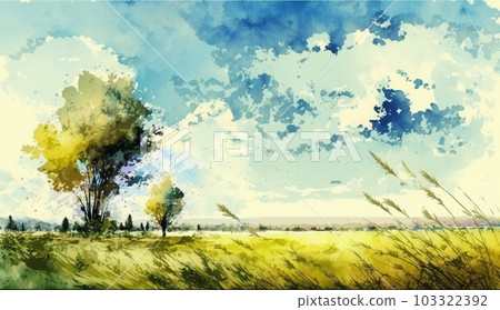 Express the grassland and blue sky with watercolors 103322392