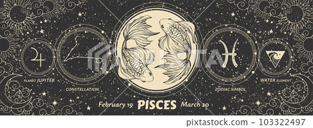 Pisces zodiac sign, graphic modern astrology banner on vintage black background with sun and moon. Realistic vector hand drawing, horoscope card, water element. 103322497