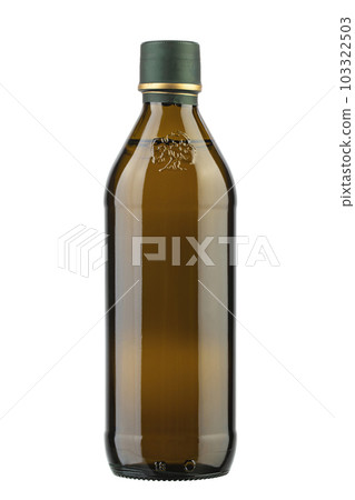 Olive oil bottle in closeup isolated on white background. 103322503
