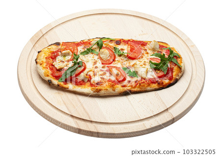 Delicious pizza served on wooden plate isolated on white background. Delicious pizza served on wooden plate isolated on white background. 103322505