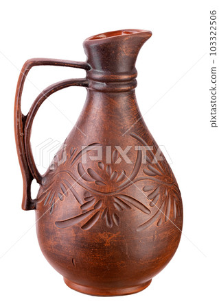 Clay jug with a narrow neck liquid for water or wine, isolated on white background. 103322506
