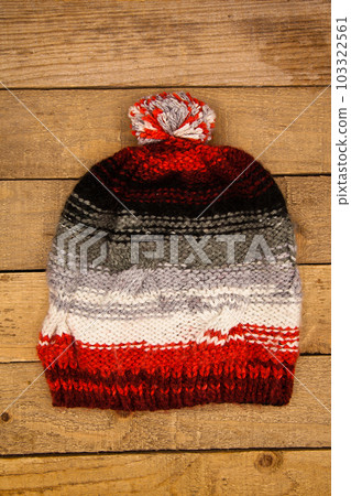 Handmade wool knitted winter red white and grey hat 103322561