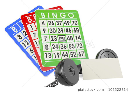 Bingo cards with blank business card and retro phone receiver. 3D rendering 103322814