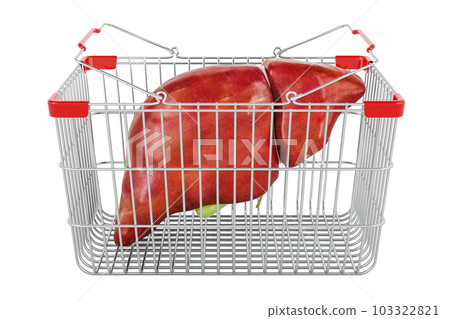 Human liver with gallbladder inside shopping basket, 3D rendering 103322821