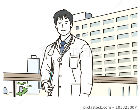 在戶外穿一件白大衣的年輕男醫生 在戶外穿一件白大衣的年輕男醫生 103323007