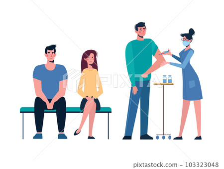 Queue of people for vaccination. Vaccination of people against various diseases, including coronavirus COVID19. A nurse administers a vaccine to a man. Prevention, injections. Health, vector, cartoon. 103323048