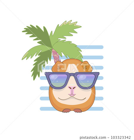 Funny print of guinea pig with glasses on palm tree background. Picture for the design of T-shirt for kids poster. 103323342