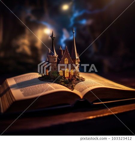 Magic fairy tale scene with old ancient  book and magic castle on dark background. Open book with magic castle and thunder blue  lightning.  Halloween.  Fantasy illustration. AI generated 103323412
