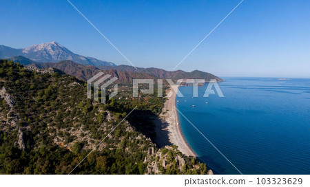 View of Olympos - Chiraly beach and Mediterranean Sea on sunny summer day. Turkey. View of Olympos - Chiraly beach and Mediterranean Sea on sunny summer day. Turkey. 103323629
