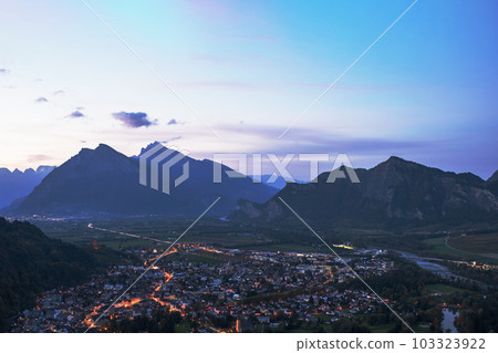 Panorama of the city of Bad Ragaz against the background of the Swiss Alps at sunset. Bad Ragaz Switzerland. Aerial view. Top view 103323922