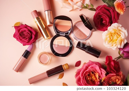 Professional makeup cosmetics pastel color palette, flat lay with flowers. Beauty concept, decorative professional products 103324120