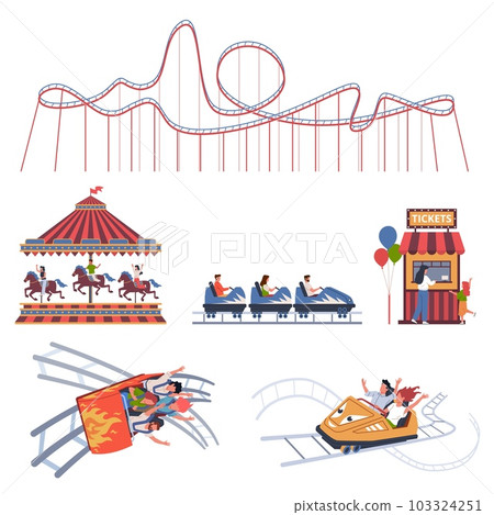 Roller coaster. Amusement park elements, happy visitors in trailers, men and women on carousel, ticket office, parents with children. Cartoon flat isolated illustration. Nowaday vector set 103324251