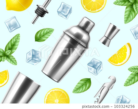 Realistic background with bartender equipment. Metal elements, cocktail shaker, jigger, sprouts, mint leaves, lemon and ice cubes, 3d isolated elements, poster backdrop, utter vector concept Realistic background with bartender equipment. Metal elements, cocktail shaker, jigger, sprouts, mint leaves, lemon and ice cubes, 3d isolated elements, poster backdrop, utter vector concept 103324256