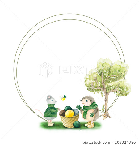 cute animals and knitting watercolor illustration 103324380