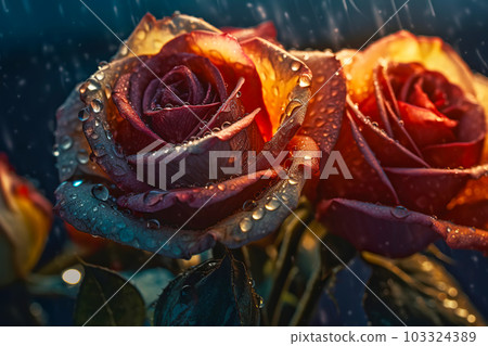Beautiful Surreal roses with dew drops close-up at golden hour. Floral background. Generative AI illustration 103324389