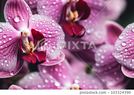 Floral pink orchid flowers seamless pattern. Template for fabrics, textiles, paper, wallpaper, interior decoration. Generative AI illustration Floral pink orchid flowers seamless pattern. Template for fabrics, textiles, paper, wallpaper, interior decoration. Generative AI illustration 103324390
