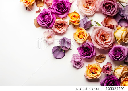 Beautiful rose flowers on white background, copy space, top view. Generative AI illustration 103324391