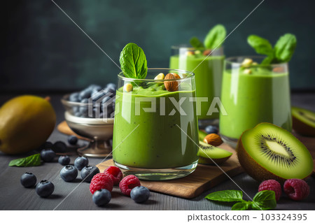 Green spinach and kale health smoothie with green fruits and berries. Generative AI illustration 103324395
