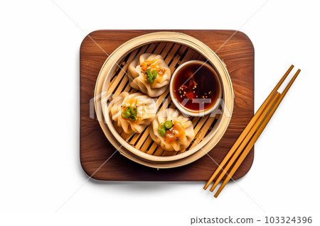 Hot dumplings dim sum in a bamboo steamer with soy sauce. Generative AI illustration 103324396