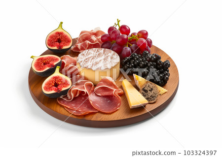 Italian appetizer prosciutto and cheeses served on a wooden board platter with figs and grape. Generative AI illustration 103324397