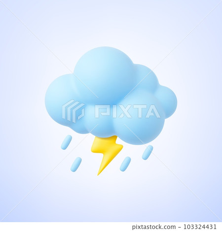 Cloud 3d with raindrops and lightning. Weather, autumn rainy day element. Thunder light, render vector graphic element 103324431