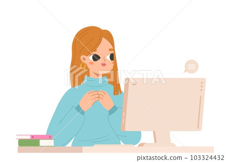 Young girl chatting on computer. Thinking adult woman, student online studying or training. Freelance work, woman in office vector scene 103324432