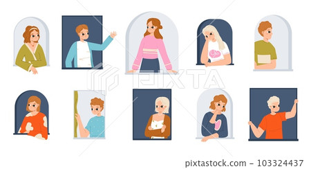 People looking, peeping and hiding. Cartoon curious expressions, teenagers behind wall and windows. Isolated young adults spy, snugly vector set People looking, peeping and hiding. Cartoon curious expressions, teenagers behind wall and windows. Isolated young adults spy, snugly vector set 103324437