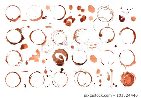 Isolated coffee tea stains on table surface. Cacao or cola drink circle stain, dirty abstract rings and drops. Grunge decorative neoteric vector elements 103324440