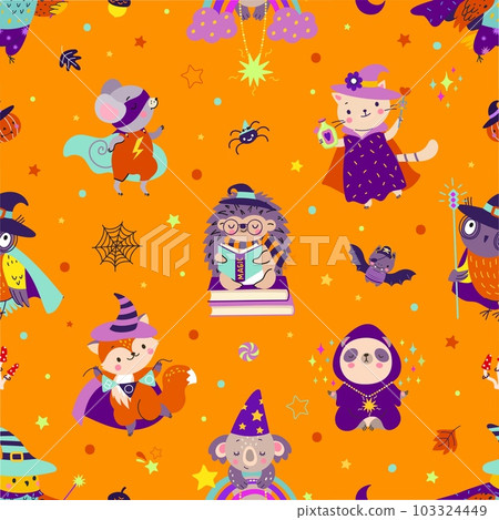 Halloween seamless pattern with animals in costumes. Autumn party fabric print, magiz animal and wizard. Fairy tale nowaday vector background Halloween seamless pattern with animals in costumes. Autumn party fabric print, magiz animal and wizard. Fairy tale nowaday vector background 103324449