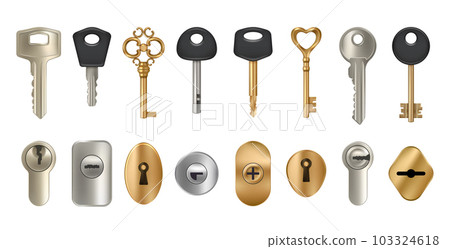 Keyholes. Key locks and keyholes in doors decent vector realistic pictures Keyholes. Key locks and keyholes in doors decent vector realistic pictures 103324618