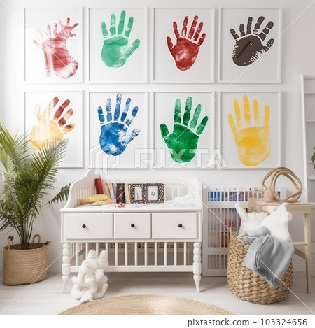 Interior of a children's room with multi-colored handprints on the walls, unusual decor Interior of a children's room with multi-colored handprints on the walls, unusual decor 103324656
