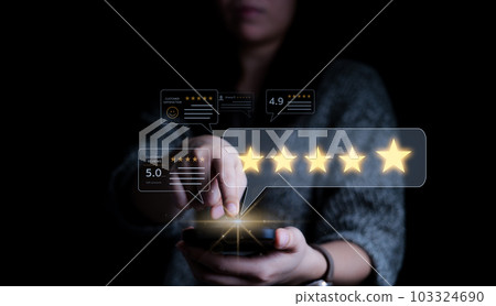 Customer review satisfaction feedback survey concept. Woman give rating to service excellent experience on mobile phone application, Client evaluate quality of service reputation ranking of business. Customer review satisfaction feedback survey concept. Woman give rating to service excellent experience on mobile phone application, Client evaluate quality of service reputation ranking of business. 103324690