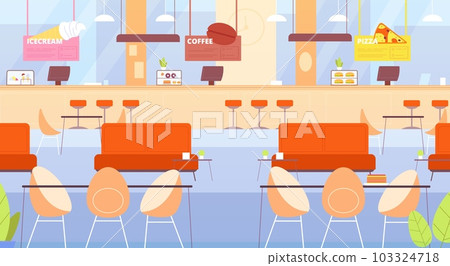 Food court mall. Interior empty hall inside cartoon cafeteria, dinner center lounge restaurant seating table indoor cafe foodbar canteen shop counter splendid vector illustration Food court mall. Interior empty hall inside cartoon cafeteria, dinner center lounge restaurant seating table indoor cafe foodbar canteen shop counter splendid vector illustration 103324718