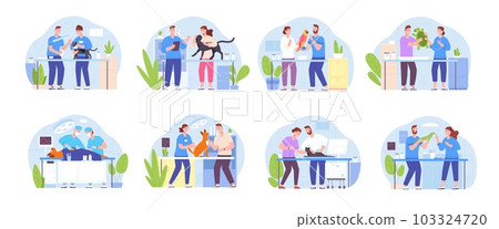 Vet examining pets. Veterinarian nurse examination sick animals in veterinary clinic or medical pet hospital, puppy dog cat parrot ultrasound Vet examining pets. Veterinarian nurse examination sick animals in veterinary clinic or medical pet hospital, puppy dog cat parrot ultrasound 103324720