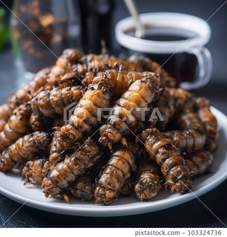Fried caterpillar insect larvae, unusual Asian food, close-up Fried caterpillar insect larvae, unusual Asian food, close-up 103324736