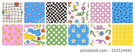 Cute cartoon flower and vase seamless pattern set. Daisy floral organic form and other elements in trendy playful cartoon style. Vector chessboard and abstract background. Cute cartoon flower and vase seamless pattern set. Daisy floral organic form and other elements in trendy playful cartoon style. Vector chessboard and abstract background. 103324942