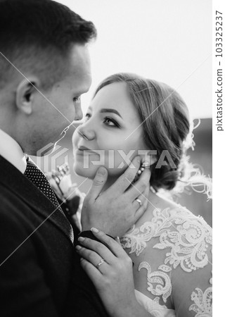 the groom and the bride walk along the wheat green field 103325237