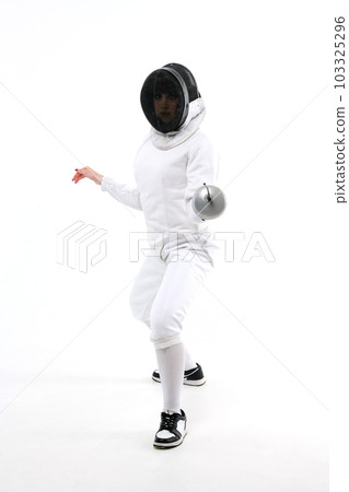 Female fencer practicing with a sword on a white background 103325296