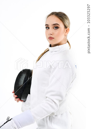 Portrait of a girl in a fencing costume with a mask and a sword Portrait of a girl in a fencing costume with a mask and a sword 103325297