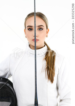 Girl fencer with a sword on a white background. 103325298