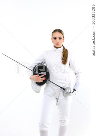 Portrait of a girl in a fencing costume with a mask and a sword 103325299