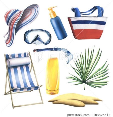 A collection of beach accessories, summer, bright, for relaxation and entertainment. Watercolor illustration, hand drawn. Set of isolated objects on a white background. 103325312
