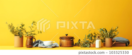 digital media detox and body relax, herbal mixture, banner with copy space, made with Generative AI 103325330
