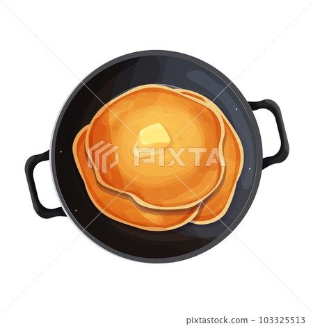 Pancake top view with butter in frying pan, wok in cartoon style isolated on white background. Circle dessert, breakfast. Pancake top view with butter in frying pan, wok in cartoon style isolated on white background. Circle dessert, breakfast. 103325513