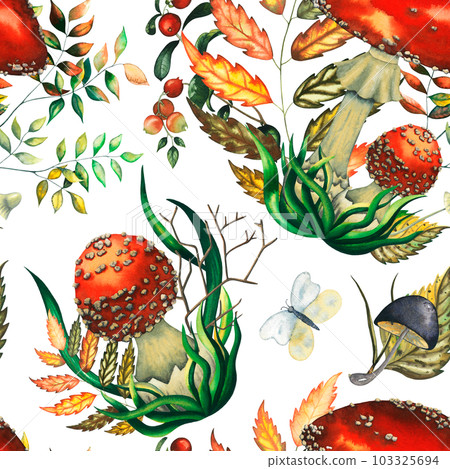 Watercolour seamless pattern with fly agarics big and small mushrooms compositions, autumn wild forest leaves, butterfly, fungus, branches, lingonberry, cranberry, and blueberry herbs hand drawn 103325694