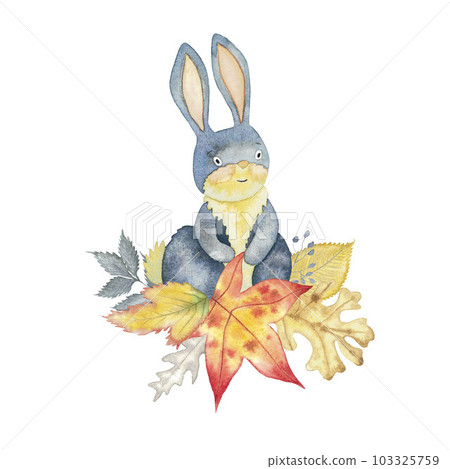 Autumn watercolour card with bunny and leaves of oak tree, maple, elm, fantasy herbs hand drawn isolated on white 103325759